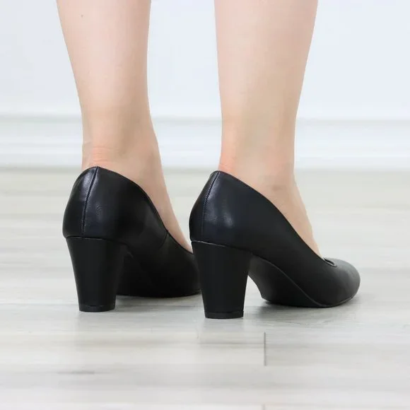 Classic Block Low Heel Pumps Slip On Round Toe Women's Black Shoes - Picture 6 of 12